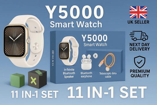 Y5000 Smartwatch 11-in-1 Gift Set – Bluetooth Earbuds, Speaker, Charging Cable, Extra Straps & More