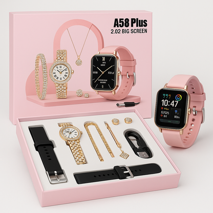 A58 Plus 2.02" Smartwatch Gift Set with Luxury Jewelry – SIM Enabled, Fitness Tracker, Full Gift Box