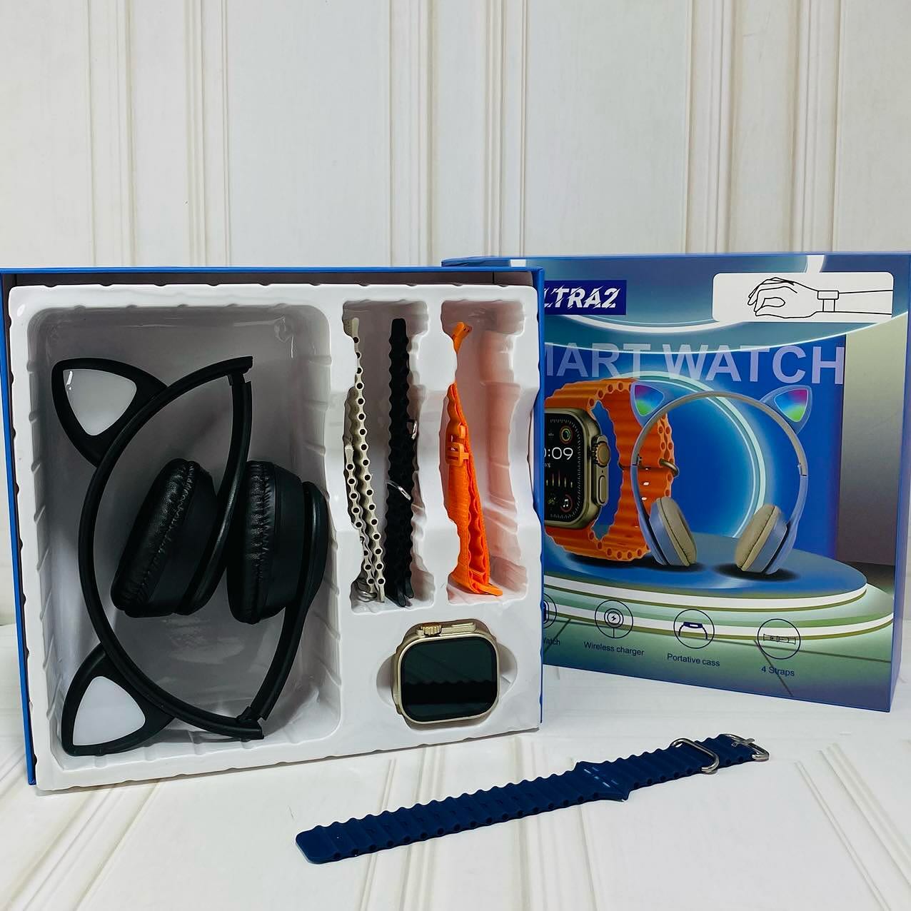 Y36 Ultra 3 Smartwatch & Cat Ear Wireless Headphones Gift Set – 2.3” Big Screen, Fitness Tracker, Multiple Straps