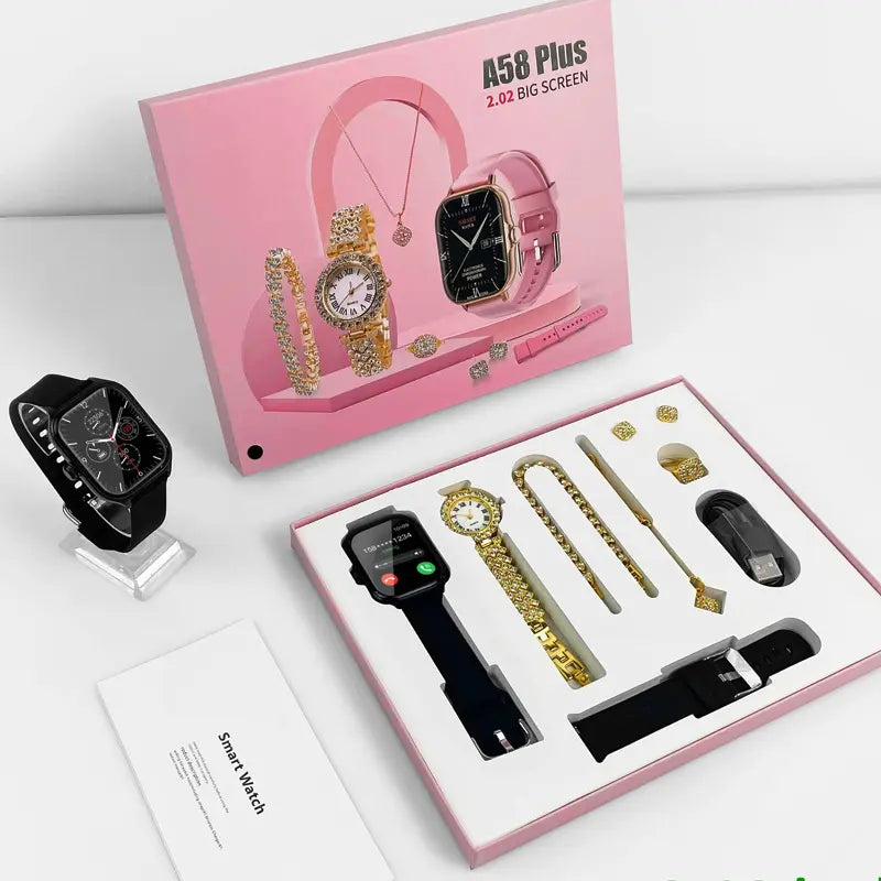 A58 Plus 2.02" Smartwatch Gift Set with Luxury Jewelry – SIM Enabled, Fitness Tracker, Full Gift Box