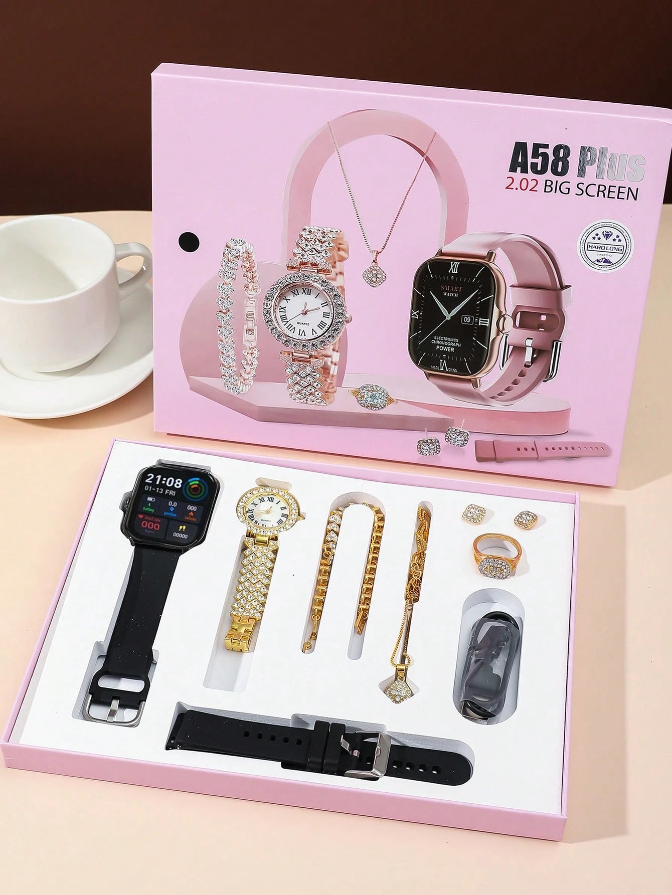 A58 Plus 2.02" Smartwatch Gift Set with Luxury Jewelry – SIM Enabled, Fitness Tracker, Full Gift Box