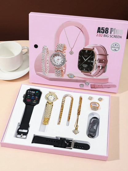A58 Plus 2.02" Smartwatch Gift Set with Luxury Jewelry – SIM Enabled, Fitness Tracker, Full Gift Box