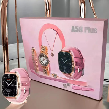 A58 Plus 2.02" Smartwatch Gift Set with Luxury Jewelry – SIM Enabled, Fitness Tracker, Full Gift Box