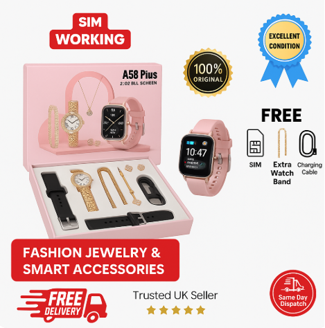 A58 Plus 2.02" Smartwatch Gift Set with Luxury Jewelry – SIM Enabled, Fitness Tracker, Full Gift Box