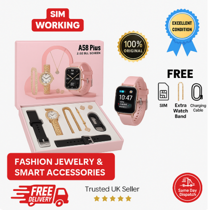 A58 Plus 2.02" Smartwatch Gift Set with Luxury Jewelry – SIM Enabled, Fitness Tracker, Full Gift Box