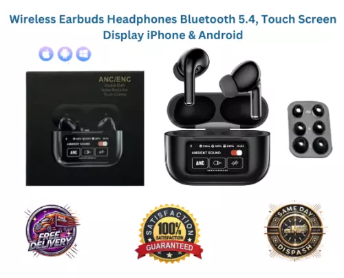 Wireless Earbuds Headphones Bluetooth 5.4, Touch Screen Display iPhone & Android