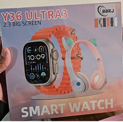 Y36 Ultra 3 Smartwatch & Cat Ear Wireless Headphones Gift Set – 2.3” Big Screen, Fitness Tracker, Multiple Straps
